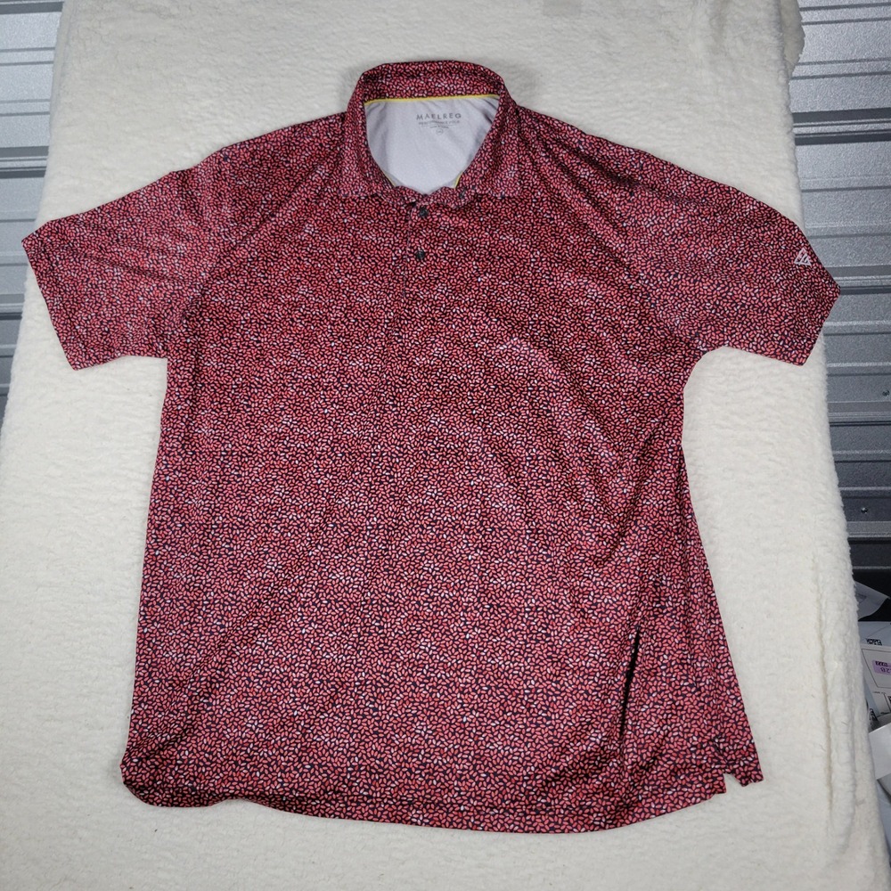 Maelreg Performance Polo Mens Size 2XL Red Navy Micro Print Short Sleeve Golf